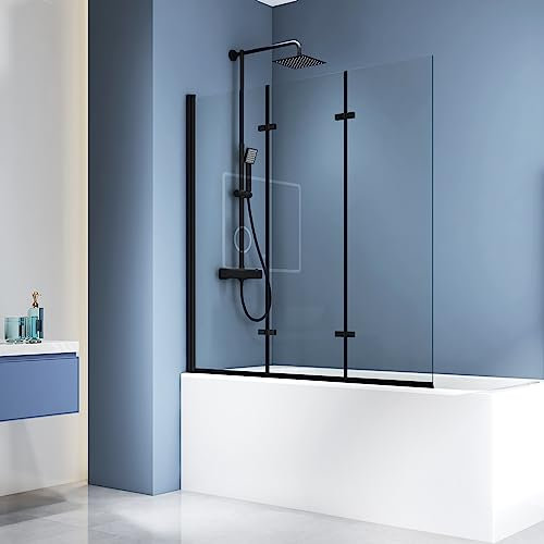 Meykoers Badewannenaufsatz 3-teilig Faltbar, Schwarz Badewannen Duschwand Badewannenfaltwand aus 6mm ESG Sicherheitsglas mit Nano Beschichtung Duschabtrennung Faltbar 120 x140cm