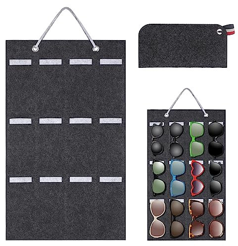 Kssvzz Sonnenbrillen Aufbewahrung, 12 Slots Hängende Staubdichter Filz Sonnenbrille Organizer mit Sonnenbrille Brillenhalter, Staubdichter Brillen-Aufbewahrung Brille Organizer, Abnehmbare-Grau