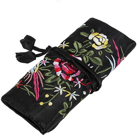 LIFKOME Bolsa Enrollable Para Joyas Bordadas Hecha Mano Organizador De Almacenamiento Cosmético Estuche Multipropósito Con Cierre De Lazo Para Viaje y Uso Diario Color Negro Elegante