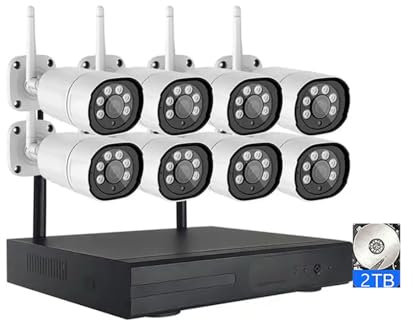 AKAVIG Sistema de cámara de Seguridad WiFi inalámbrico para Exteriores de 8 Canales con 8 cámaras y Disco Duro 2T, Kit NVR de cámara de vigilancia doméstica HD de 3MP con detección de Movimiento