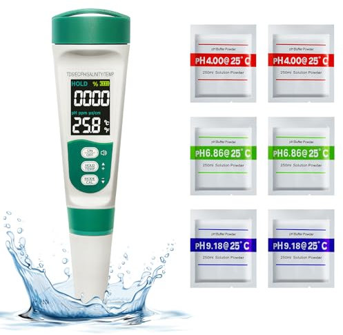 Cuteefun Medidor pH, Kit 5 en 1 para Analizador Agua Piscina, Medidor de TDS/pH/EC/Sal/Temperatura, Pantalla VA Retroiluminada, Resolución 0.01 Medidor pH Digital, para Agua Potable, Acuario, Piscina