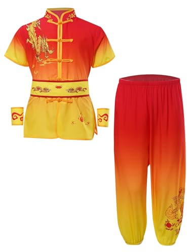 HULIJA Traje Wushu de manga corta para niños y niñas, parte superior de Kung Fu + pantalones largos + cinturón + puños, trajes tradicionales chinos de artes marciales, Rojo y amarillo., 146-152