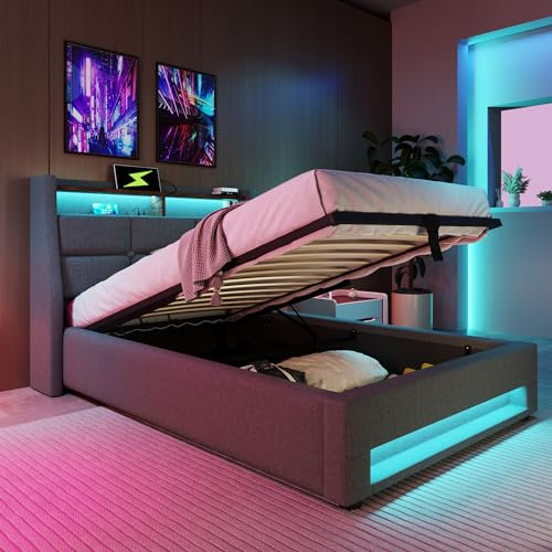 Huayz Polsterbett 90x200, LED Einzelbett mit Stauraum und Lattenrost, Kopfteil mit Staufach und USB-Ladefunktion, Hydraulisch Stauraumbett Rückenlehne, ohne Matratze (Grau, 90×200cm)