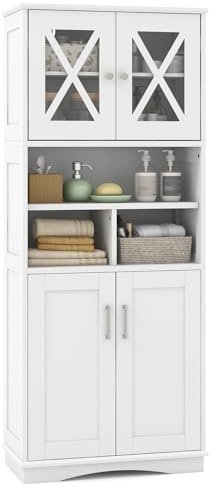 LIFEZEAL Armario de Suelo, 60 x 30 x 145cm, Armario Independiente de Baño con 4 Puertas, Gabinete con Estantes Ajustables, Mueble Organizador de 7 Niveles para Cocina, Salón (Blanco)