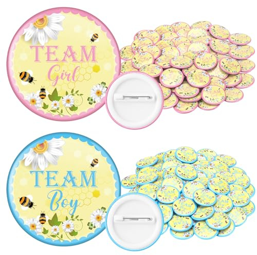 Hinly 100 Pcs Bee Gender Reveal Pins Daisy Baby Shower Buttons Pins Team He/Boy Team She/Girl Holiday for Gender Reveal Party Supply Baby Shower Game Decorations