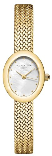 Rosefield Mini Damenuhr – Gold Mesharmband – Damen Uhr mit Weißem Ovalem Zifferblatt – Edelstahl – 3ATM Wasserfest – Eleganter Alltag Luxus