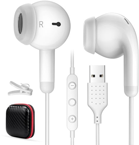 Cuffie USB per Computer PC Gaming 2,3M Cuffie con Filo Microfono e Controllo Volume Stereo HiFi Cancellazione del Rumore In Ear Auricolari USB per PS5 Laotop Mac Chromebook per Ufficio Musica Bianco