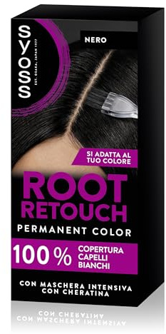 Syoss Root Retouch Ritocco permanente Nero, Colorazione permanente per 100% copertura della ricrescita capelli, Kit con crema colorante capelli e maschera intensiva con cheratina