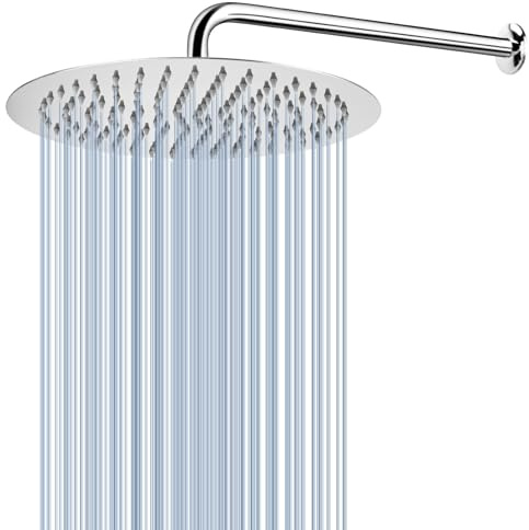 Cabezal de Ducha Tipo Lluvia Voolan con Brazo de Extensión, Cabezales de Ducha Tipo Lluvia de Acero Inoxidable, Cabezal de Ducha Ronda de Alto Flujo (Ducha 25cm, Brazo 38cm)