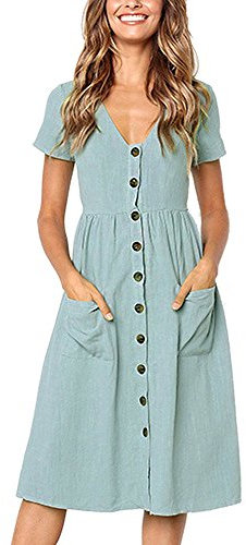 Summer Dresses for Women Casual Midi Dress Short Sleeve Shirt Dress V Neck Button Decoration Swing A Line Tunic Dress with Pockets Size M = UK 10-12 Light Green