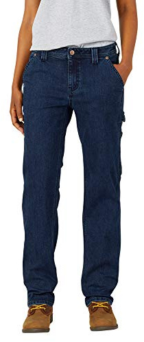 Dickies Women's Denim Straight Carpenter Pant, Dark Stone Wash, 10 RG