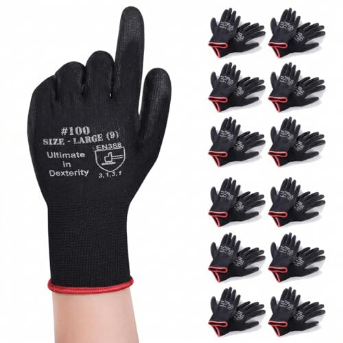 Donfri 12 Pairs PU Coated Safety Work Gardening Gloves Men High Performance EN388 Black Non-slip Protective Handling Gardening Builders Mechanic Breathable Washable (L/9)