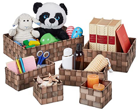 Relaxdays Paniers de Rangement, Lot de 6, 4 Tailles, Corbeille Effet Bois, tressé, Armoire et étagère, Plastique, Marron
