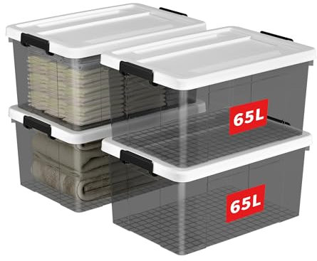 Cetomo,65L,4er-Pack, Aufbewahrungsbox mit deckel,Aufbewahrungsboxen, mit Clips, stapelbar, Wohnzimmer, Schlafzimmer.lebensmittelecht ,Verschlussclips,Neumaterial Plastik-Box transparent