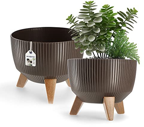 KADAX Pot de Fleurs en Plastique avec Trois Supports à piquer, jardinière Ronde, bac à Plantes, pour Balcon, Salon (24 cm Ø/Marron)