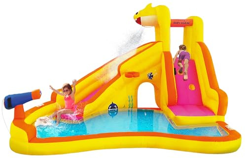Funormous Baby Shark Bounce House with Slide Wet or Dry, Pink Fong Inflatable Water Slide, Party Outdoor Curve Waterslide Fun, Kids Backyard Water Park, Includes Water Sprayer, Pool & Blower