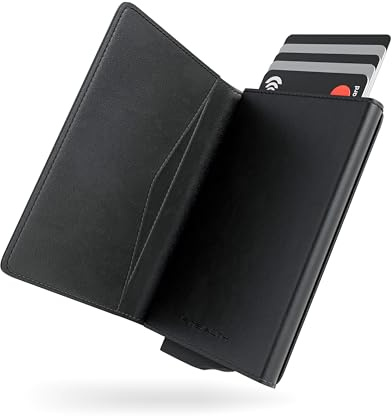 Stealth Wallet Tarjetero Hombre con Protección RFID - Cartera Tarjetero con Pop Up y Caja de Regalo - Porta Tarjetas de Crédito de Metal Delgado y Ligero (Cuero Negro, Cierre Magnético)