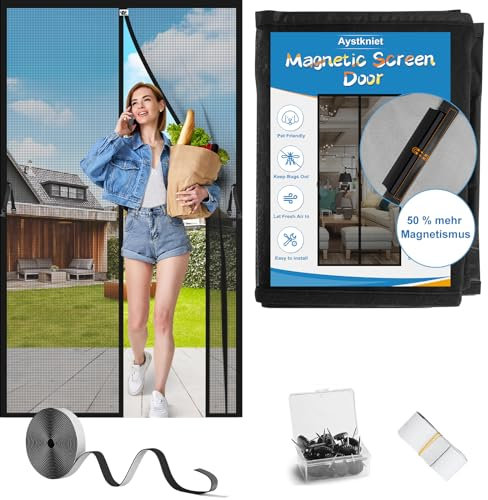 Aystkniet Fliegengitter Balkontür Ohne Bohren 100 x 210 CM，Verbessert Insektenschutz Tür Magnet 50% ige Erhöhung der Magnetkraft, Vorhang für Kellertür Balkontür Wohnzimmer Schiebetür Terrassentür