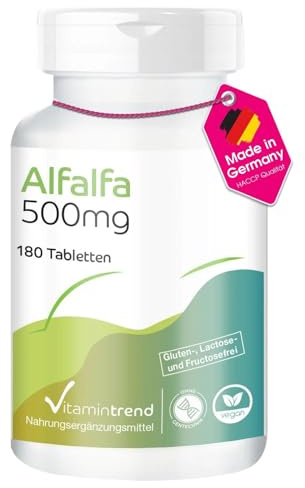 Vitamintrend Alfalfa 500mg, 180 Tabletten, 4:1 Extrakt, Nahrungsergänzungsmittel vegan ohne Magnesiumstearat, in Deutschland hergestellt