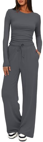 Darong Set di 2 Pezzi da Donna, Completi da Casa 2026, Top a Maniche Lunghe + Pantaloni a Gamba Larga, Set Casual Abbinabile, Grigio, Large