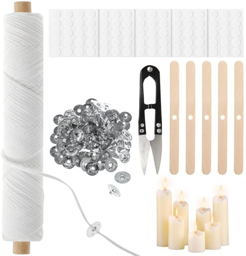 61m Long Candle Wicks for Making Candles, Natural Cotton Wicks with 100 PCS Metal Candle Wick Holder and Candle Wick Stickers for Candle Making Supplies Kit DIY Craft