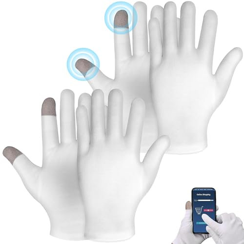 Baumwollhandschuhe mit Touchscree,2 Paar Weiße Baumwolle Feuchtigkeitsspendende Nacht Touchscreen Handschuhe für Handcreme Auftragen, Feuchtigkeitsspendend