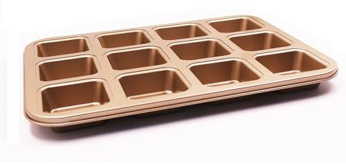Gurlideo Moule à brownies pour 12 gâteaux, mini moule à gâteau rectangulaire, acier au carbone antiadhésif, mini moule à cake antiadhésif pour muffins, gâteaux et petits pains (doré)