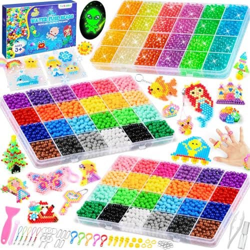 TicKiddos 6480+ Wasserperlen für kinder Set 72 große Gitter 36 Farben feste Wassernebelperlen 12 Farben leuchtende Wassernebelperlen Bunte Wasserperlen für Kinder