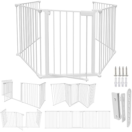 Cecaylie Kaminskydd med dörr, 310 cm, metall, ugnsskyddsgaller, lekhage, avspärrningsgaller, djurskyddsgaller, dörrskydd för barnsäkring, 5 delar (65 x 75 cm) vit