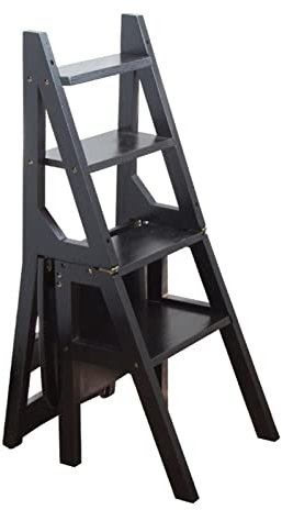 4 Step Wooden Folding Ladder Chair Multifunctional Stairway Chair for Indoor Kitchen and Office Black Color Shelf Step Stool Bookshelf.
