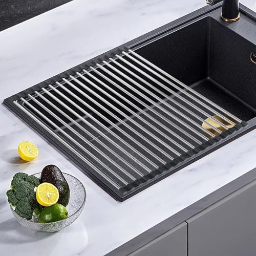 KingSaid Abtropfgestell Geschirr,Faltbare und Abnehmbare Geschirrabtropfgestell über Dem Spülbecken für Spüle Küchen Spülbecken Organizer,Abtropfmatte, Abtropfgitter spüle für Tassen (Schwarz)