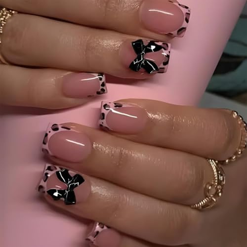 GlamRays 24 Pezzi Bow Press on Nails, Unghie Finte Corte Squadrate French Tip con Design Leopardato Nero, Unghie Finte Lucide, Nude, Copertura Completa, Unghie Artificiali