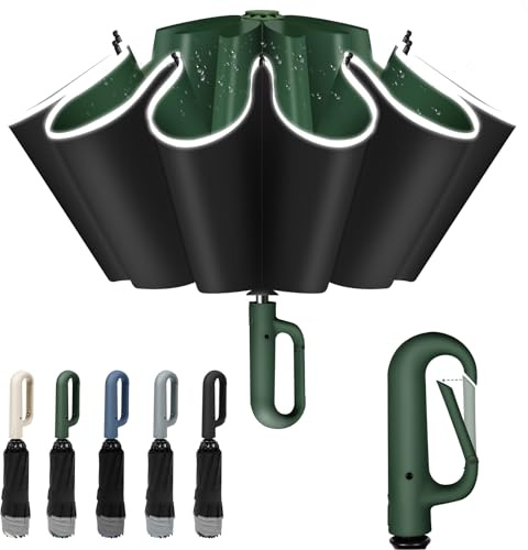 Vicloon Reise Regenschirm Sturmfest, Automatik Groß Taschenschirm mit 10 Rippen, 106cm Windsicher Schirm, Faltet Sich Nach Innen, Karabinergriff, UPF50+, Schirm Tragbarer für Herren und Damen, Grün