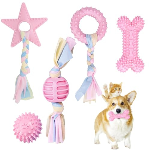 IUKUNNE 5pcs Juguete para Morder para Perro, Juguete de Limpieza Dental Interactivo con Cuerda y Pelota, para Perros Algodón