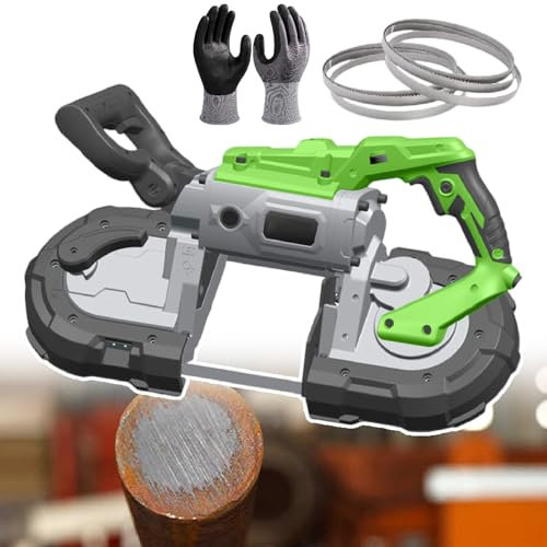 Sega a nastro portatile per il taglio di metalli, regolabile da 0 a 45°, con luce LED integrata, include lame multiple e guanti, ideale per rame, alluminio, acciaio e materiali per pavimenti