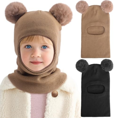 DRESHOW Gorro de Punto para Bebé Niño Niña Capucha Suave Invierno Sombreros y Bufandas con Doble Pompón para Pequeños Niños Niñas 1-6 Años
