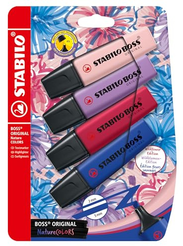 STABILO BOSS ORIGINAL NatureCOLORS Wildflower Edition - Surligneur - Blister carton x 4 surligneurs - rose pivoine, bleu chardon, mauve glycine, rouge dahlia