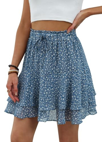 Aisprts Gonna Estiva Donna con Fiori, Gonna Mini con Elastico e Corda, Strati di Volant, Leggera e Traspirante, Perfetta per Estate e Spiaggia, Blu, M