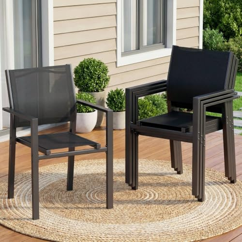 LIFERUN Lot de 4 chaises de Jardin, chaises empilables d'extérieur Respirant avec accoudoirs, Chaise de Salle à Manger en métal et Teslin, pour Jardin, Piscine, terrasse, jusqu'à 120 kg, Noir, 4 PCS