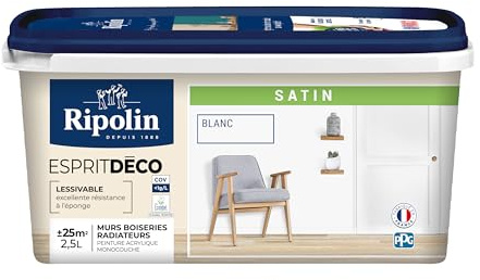 RIPOLIN - Peinture Intérieure Multi-Supports – Murs, Boiseries & Radiateurs – Ultra-Couvrante – Lessivable – Application Facile – Ecolabel - Satin - 2,5L - Blanc