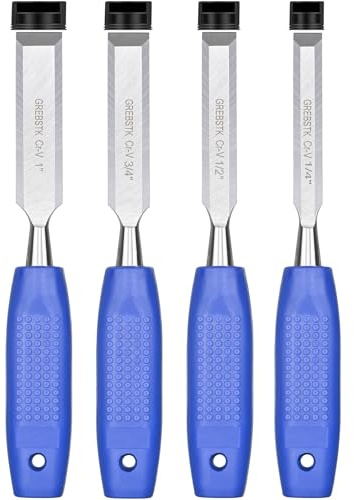 GREBSTK 4-Piece Ultra-Sharp Wood Chisel Set, CR-V Steel Beveled Blades with Guards, Comfortable & Durable Handle, for Carving, DIY & Woodworking (1/4, 1/2, 3/4, 1)
