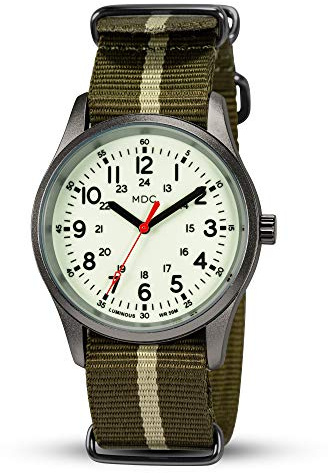 Infantry Mens Analogue Watch Luminous Glow in Dark Dial,Mens Watches Military Field Style w/12/24 Hr Display,Japanese Quartz Movement,Rugged Green Nylon NATO Strap,Tactical Mens Wrist Watch