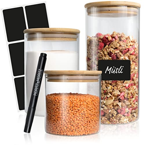 Moritz & Moritz SET de bocaux à provisions 1,5 L / 0,75 L / 0,5 L avec couvercle - 3 bocaux à provisions avec couvercle, 6 étiquettes ardoise et 1 feutre craie