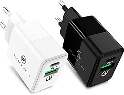 Wicked Chili 2X 20W Dual USB-Netzteil mit USB-A und USB-C Anschluss, Fast Charge Adapter Bundle, Universal kompatibel mit iPhone 17, 16, 15, 14, 13, 12, 11 (Pro, Max, Plus, Mini), Samsung und MagSafe