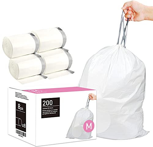 Reliable1st Custom Fit Trash Bags Compatible with simplehuman Code M (200 Count)| White Drawstring Garbage Liners 12 Gallon | 45 Liter