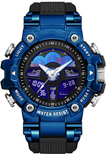 findtime Design Militär Herren Blau Armbanduhr Digital Analog Taktische Sportuhr für Männer Teenageruhr mit 5ATM Wasserdicht 4 Alarmgruppen Countdown Stoppuhr 12/24H
