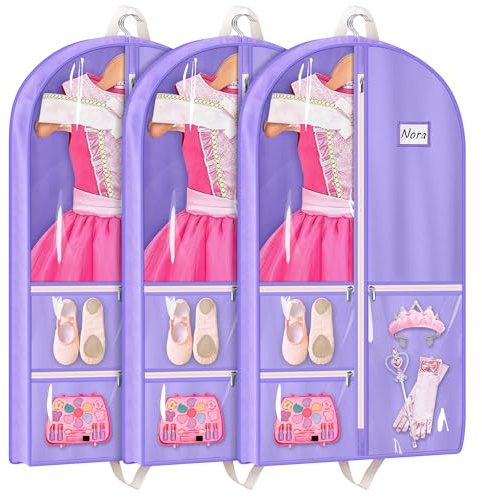 MISSLO Dance Garment Bags for Dancers 40 Garment Bags for Dance Costumes with 3 Pockets Cheer Uniform Garment Bag Hanging Kids Garment Bags for Competition, Travel, 3 Packs, Purple