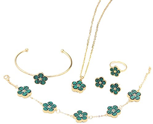 QKEPCY 5 Pièces Ensemble Bijoux Fleur Marguerite Collier Bracelet Bague Boucles D'oreilles Jonc Parure Bijouterie Femme Accessoires