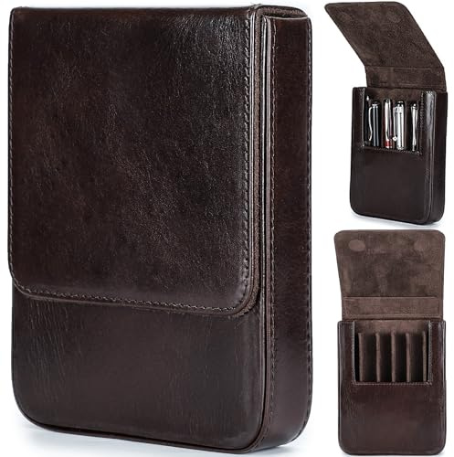 CataPurus Top Grain Genuine Leather 6 Pencil/Pen Tray Case Organizer, Fashion Design No Logo, Handmade, Magnetic Closure with Drawer Design, Gift Choice for Man/Woman/Office, Glossy Coffee, 6 Slots