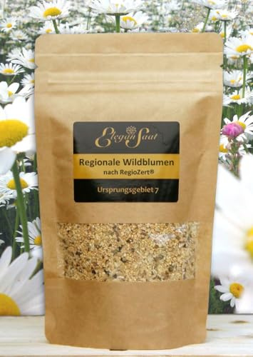 EleganSaat Regionale Wildblumen - Blumenwiese & mehrjährige Blühmischung, Regiosaatgut nach RegioZert, 100% regionale Wildblumensamen, für 10m², mit Ansaathilfe vermengt (Ursprungsgebiet 7)